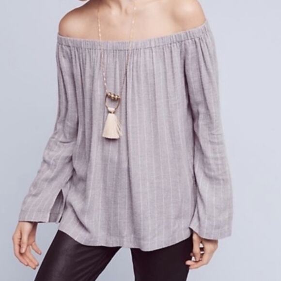 Anthropologie Cloth & Stone Long Sleeve Gray Pinstripe Off the Shoulder Top - Picture 1 of 8